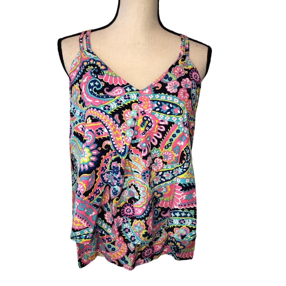 Crown & Ivy Paisley Top Size L Pink Multi Summer Tank Cami Flowy Vibrant Bright